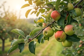 Close-Up of Ripe Apples on Tree Branch in Sunlit Orchard &ndash; Fresh Harvest Nature Photography