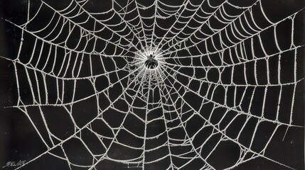 Close-up of a spiderweb with intricate details, showcasing its radial design and delicate threads against a dark background.