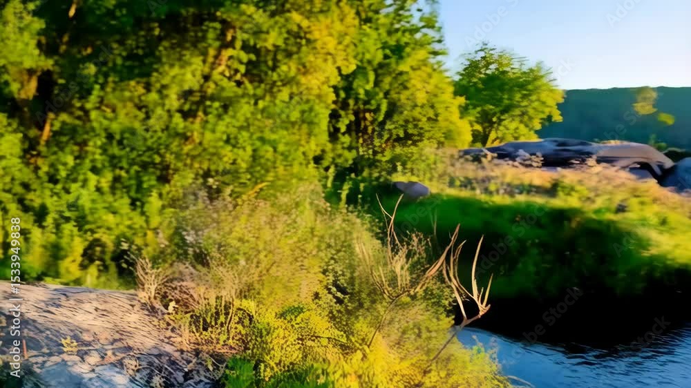 Poster scenic landscape view of white wildflowers in foreground and sun setting over a stream in the backgr