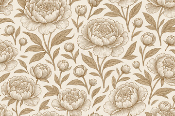 Elegant seamless pattern with vintage peony flowers. Hand drawn botanical background in a classic engraving line art style. Retro floral texture for fabric, wallpaper, wrapping.
