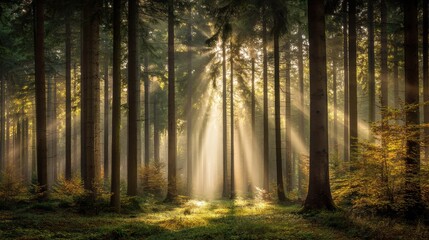 Obraz premium Sunlight powerfully streams through tall trees in a forest, creating mystical and scenic view.