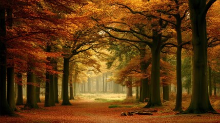 Fototapeta premium Sunlight streams into a vibrant autumn forest, illuminating the golden leaves blanketing the path.
