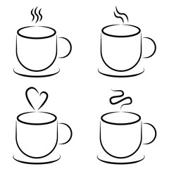 Minimalist Coffee Mug Icon Set. Collection of black and white line art illustrations of hot beverage mugs with steam and coffee bean variations.