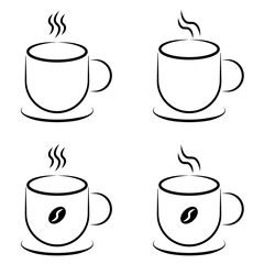 Coffee Mug Line Art Icons Set. Set of four minimalist line art vector icons featuring steaming hot coffee mugs, some with coffee bean designs.