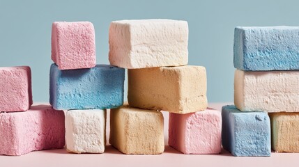 Stacked abstract color blocks in soft pastel hues create a visually calming, textured arrangement.