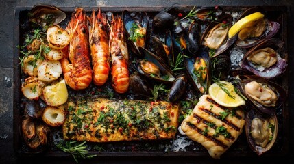 Delicious Grilled Seafood Platter Grilled Fish Shrimp Mussels and Scallops