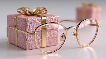 Eid gift box with stylish glasses on soft white glow, modern Islamic celebration, cultural trend