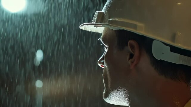 Close-up of man in hard hat in rain