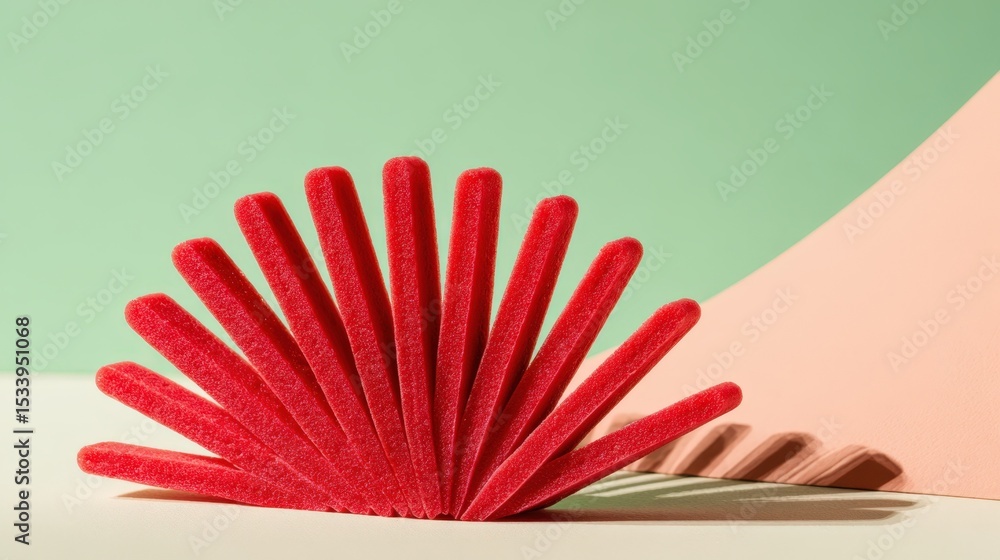 Poster red rectangular objects arranged in a fan shape against pastel background creative minimalist produc