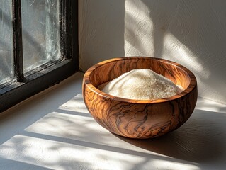 Wooden bowl of sugar near window