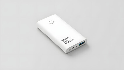 A sleek white power bank mockup rests on a minimalist gray surface, isolated on white background