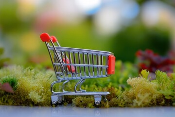 Miniature shopping cart nestled amidst miniature greenery.