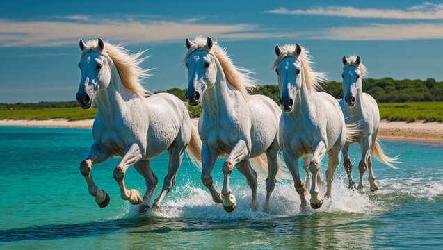 White horses running in water