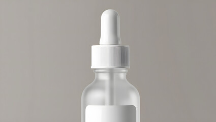 A frosted glass bottle with a white dropper top sits against a neutral gray background