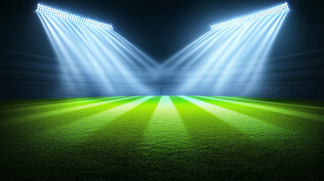 Sports football stadium with green field and bright white spotlights, perfect for soccer game background - Powered by Adobe