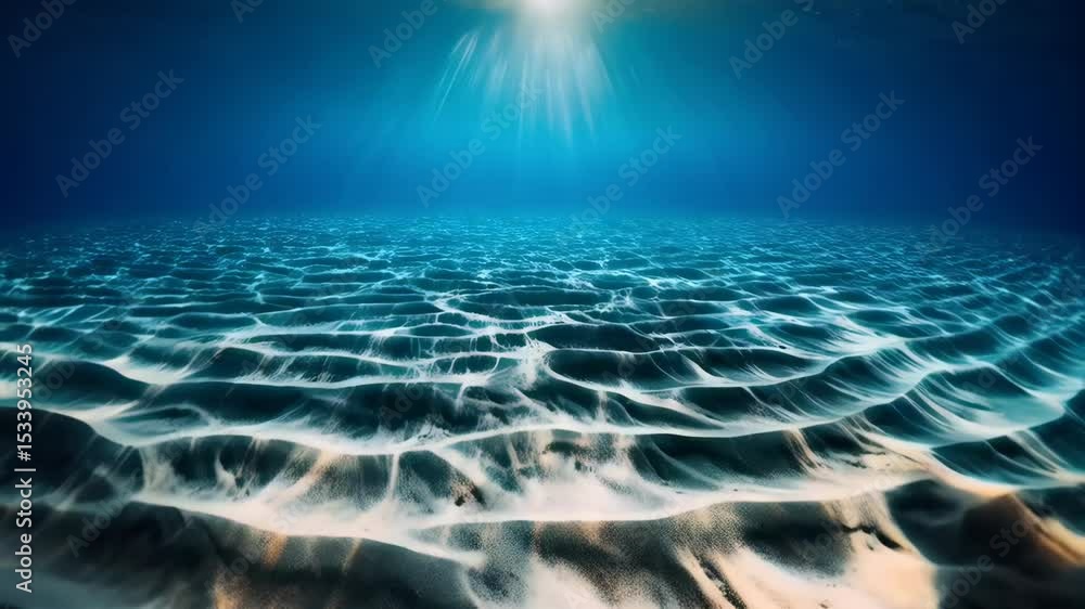 Poster sunlight streams through ocean water illuminating rippled sand on the sea floor creating abstract wa