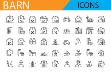 Rural and Farming Icons Representing Barns, Livestock, and Crops

