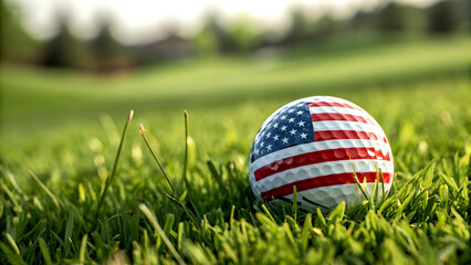 American Flag-Themed Golf Ball Resting on Lush Green Grass