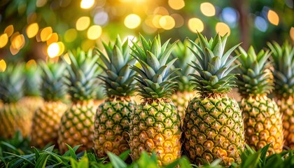 Fototapeta premium Fresh pineapples arranged in a vibrant market setting with blurred lights in the background