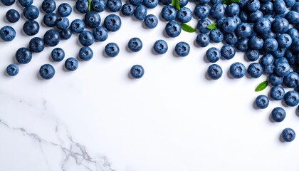 Fresh blueberries scattered on a marble surface with green leaves, creating a vibrant food scene