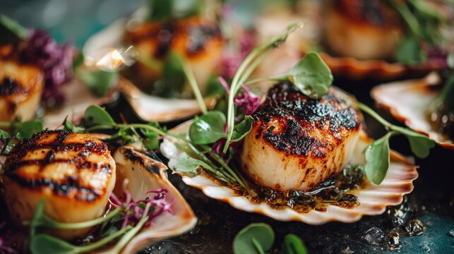 Delicious Grilled Scallops with Herbs and Sauce Close up Food