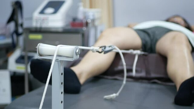 pov with selective focusing to Physiotherapy technique Physiotherapist treatment of woman pelvic traction method machine stretch with rope treatment