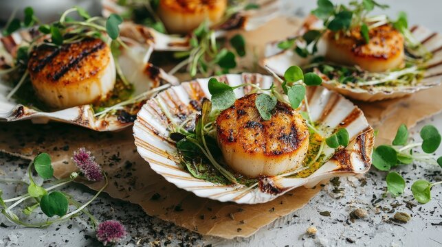 Grilled Scallops Appetizer Garnish with Microgreens in Shell Elegant Food