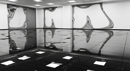 Abstract Monochrome Interior with Reflective Floor and Fluid Wall Art