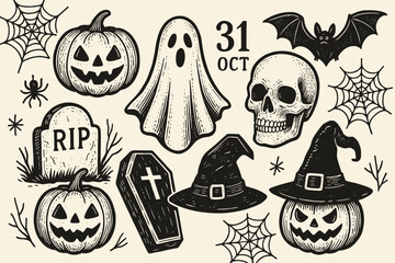 Halloween icons set in vintage engraving style. Spooky hand-drawn vector collection. Retro elements with pumpkin, skull, ghost, bat, witch hat, and coffin for party decoration.