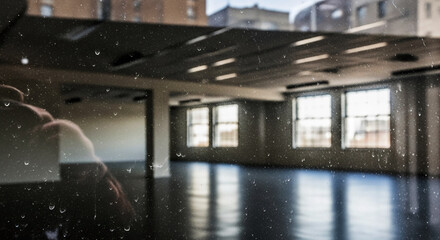 Naklejka premium Interior View Through Dirty Glass with Reflections and City Backdrop