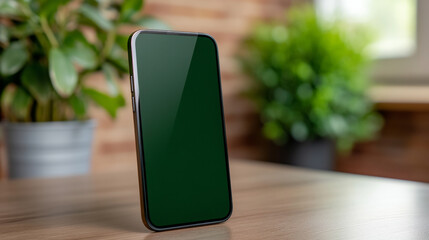 Smartphone mock up with blank screen on wooden table surrounded by greenery and natural light
