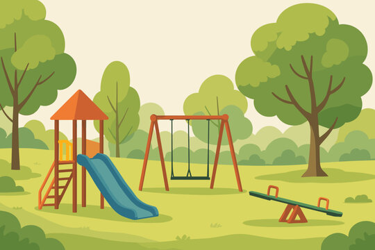 Empty children's playground in a city park. Summer landscape with slide, swing, and seesaw. Outdoor recreational area for kids. Flat cartoon vector background illustration.