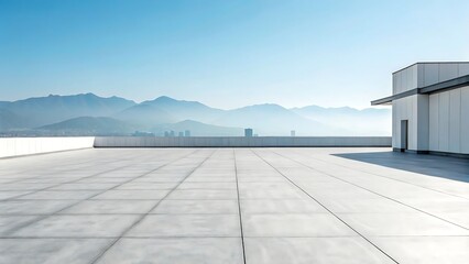 Empty modern rooftop terrace with city and mountain view