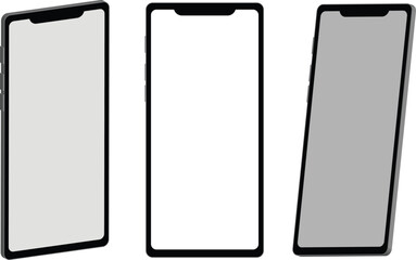 Set of Modern Realistic Smartphone Vector Mockups with Editable Screens on White Background.This collection features modern smartphone vector mockups showcasing sleek, bezel-less phone designs