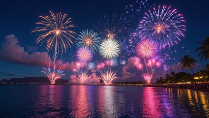 Fototapeta premium Fireworks over beach at night