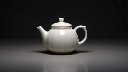A pristine white teapot, poised elegantly on a dark reflective surface, awaits the warmth of brewing tea