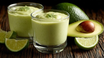 Blend creamy avocado smoothie with fresh organic avocado slices in a refreshing kitchen environment for superfood lovers