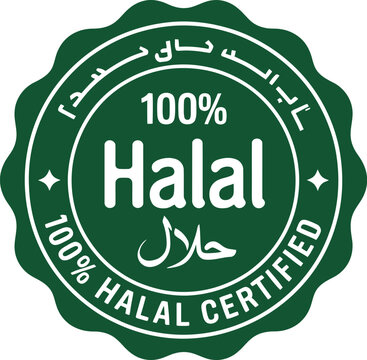 A green circular halal certified logo with text in english and arabic on a white background isolated shot