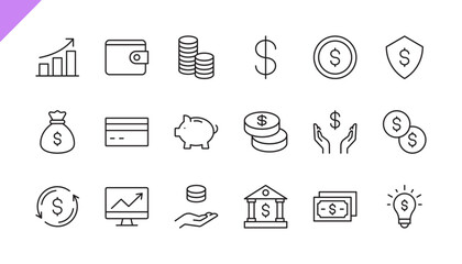 Finance icon set. Money / Payment / Currency / Salary / Savings / Business. Piggy bank, banknote, cash, credit card, coin, money bag icons, sign. Editable stroke. Vector illustration. Flat design.