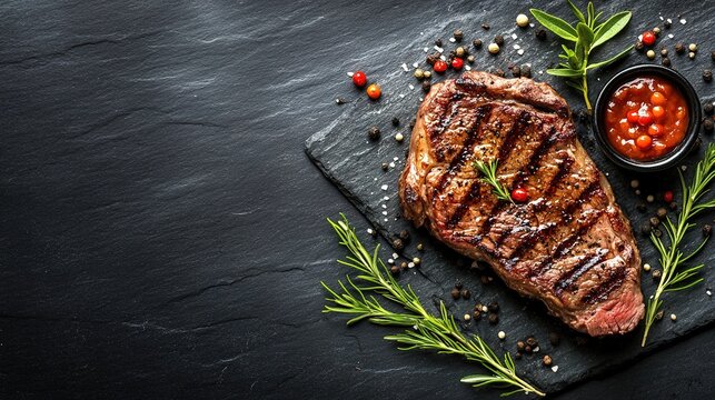 Grilled steak on a slate plate garnished with rosemary, peppercorns, and a bowl of red sauce on a dark textured background.