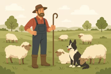 Fototapete Rund Farmer shepherd with crook staff and sheepdog watching over a flock of sheep. Pastoral countryside landscape scene. Agriculture and livestock farming concept. Rural lifestyle. © NanieStudio