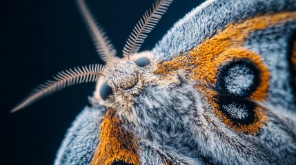 Close-up of a grey and orange moth with intricate details, showcasing its furry texture and unique patterns.