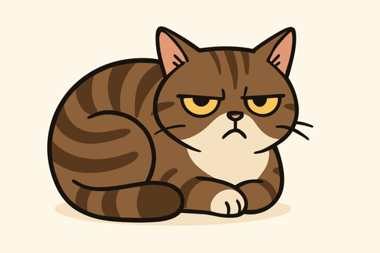 Grumpy cat cartoon character illustration. Funny angry tabby kitten with skeptical expression. Annoyed, unimpressed pet mascot vector design. Concept of bad mood or disapproval.