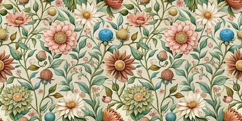 Vibrant floral pattern featuring various colorful flowers and leaves.