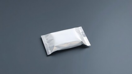 A pristine white sachet rests on a slategray surface, its smooth, blank packaging ready for branding