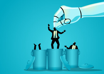 AI Replacing Human Workers, robot hand throwing businessmen in trash bin