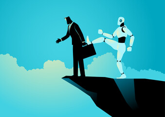 Artificial Intelligence Replacing Human Roles, symbolized by a robot kicking a businessman into a ravine.