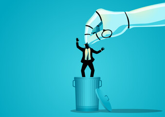 AI Replacing Human Workers, robot hand throwing businessman in trash bin