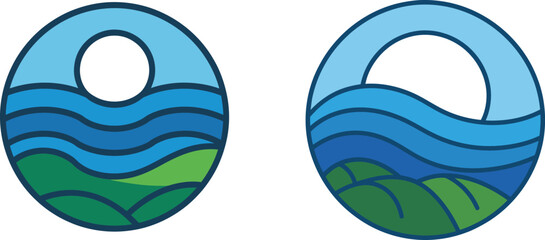 Obraz premium A stylized circular emblem depicting a sun over wavy blue water and green hills on a white background