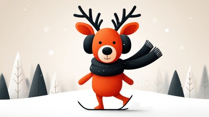 Cartoon Reindeer Skiing in Winter Landscape